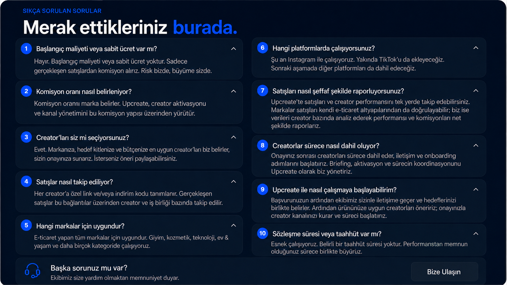 Upcreate sık sorulan sorular