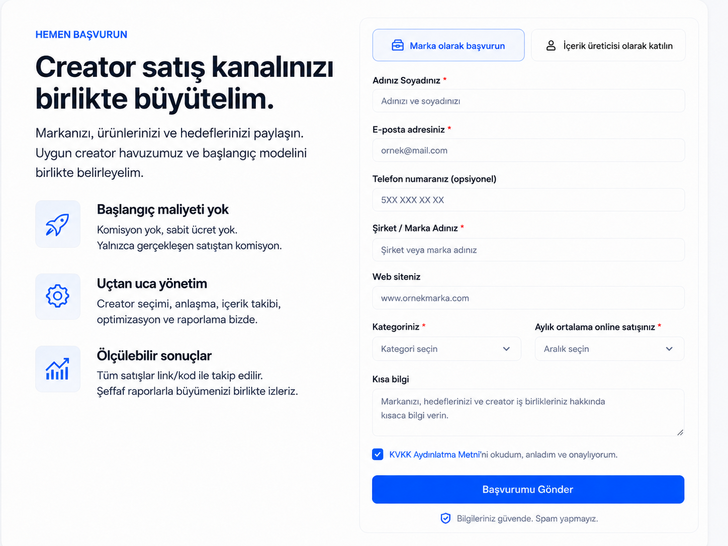 Creator satış kanalınızı birlikte büyütelim marka başvuru formu.