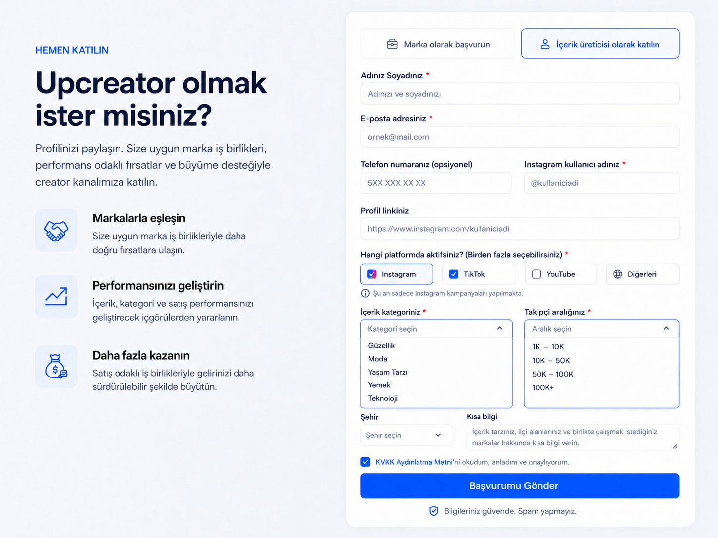 Upcreator olmak ister misiniz creator başvuru formu.